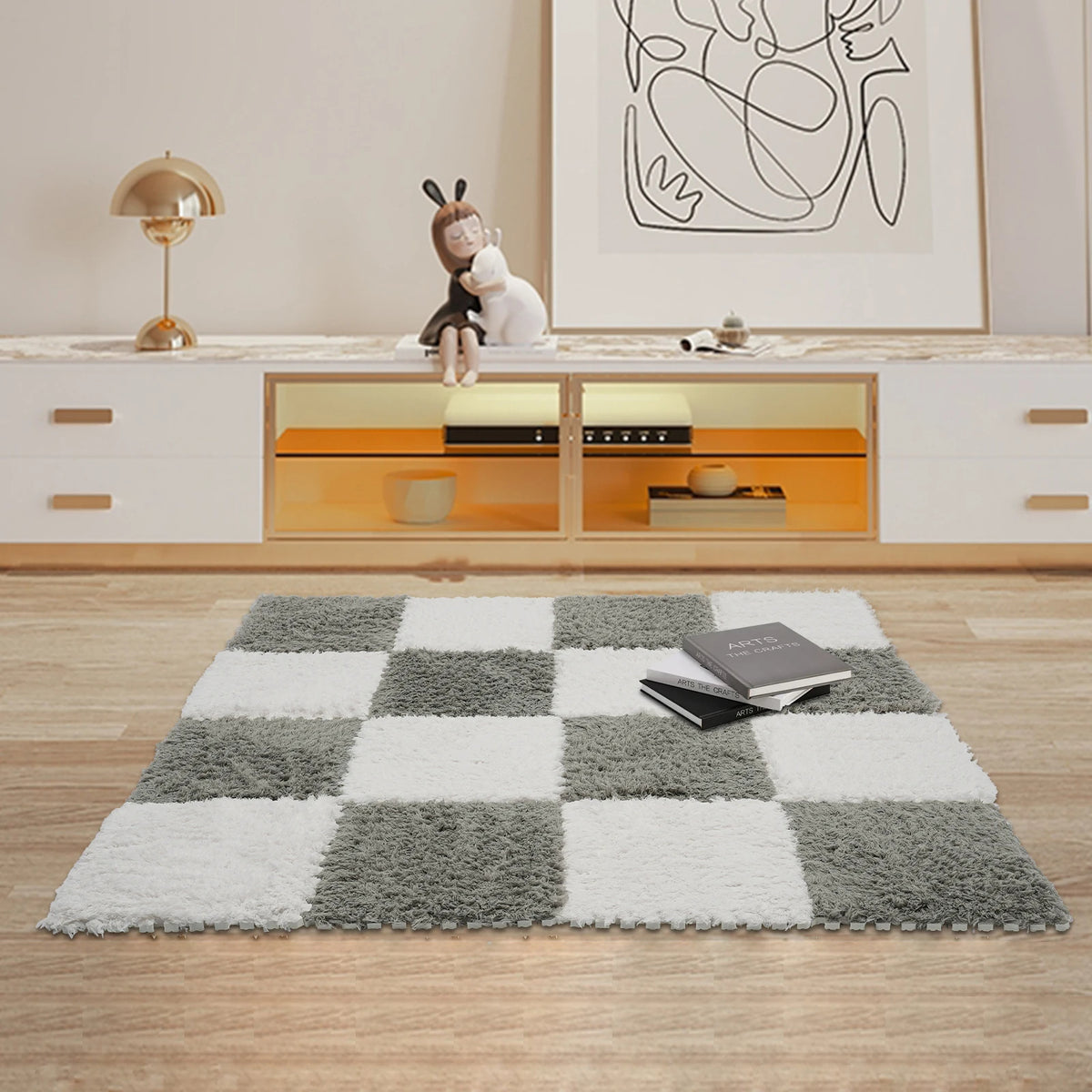 Fluffy Square Rugs for Kids Room 16-Piece Set Gray &amp; White