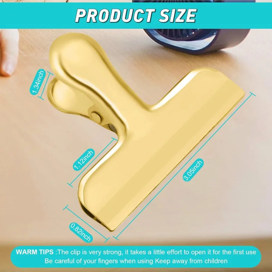3-Inch Stainless Steel Gold Chip Clips – Heavy Duty Metallic Bag Clips
