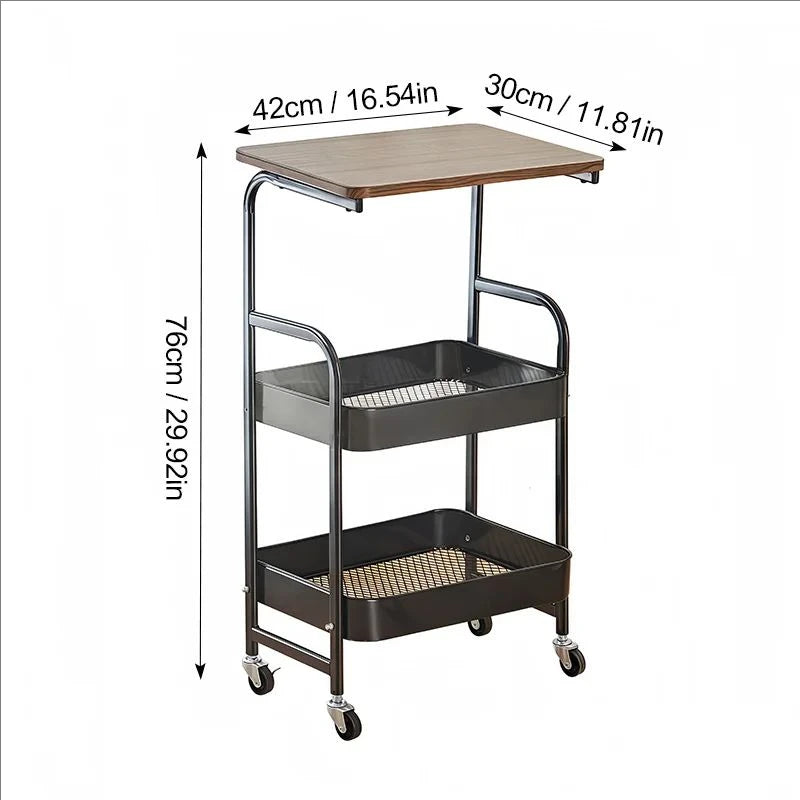 3-Tier Rolling Utility Cart with Wooden Shelves Industrial Metal Storage Rack with Handles