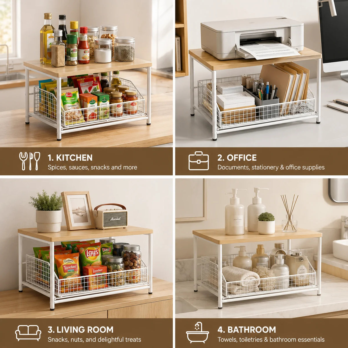 Kitchen Microwave Stand with Drawer – Multifunctional Countertop Storage Rack (White)