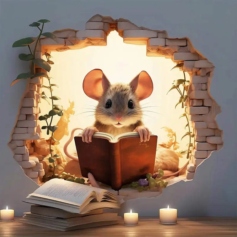 Charming Mouse Reading in a Hole Wall Decor 10CM Mouse Sticker Decor