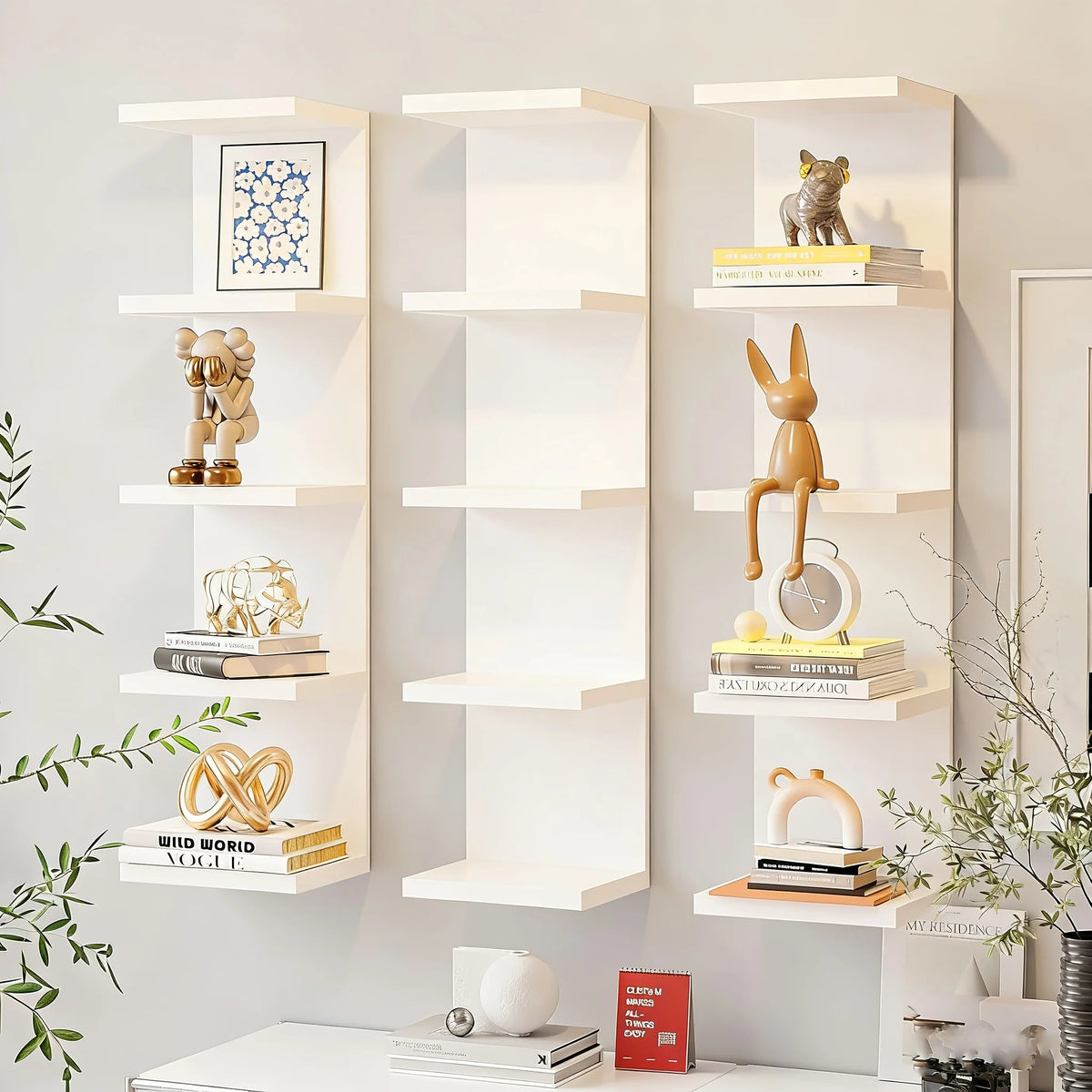 5-Tier Wall Mounted Storage Rack, 31.5-Inch Tall Floating Wall Shelf, Space-Saving Decorative Display Organizer for Bedroom, Living Room &amp; Home (White)