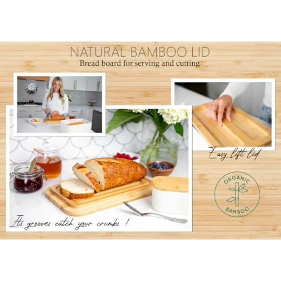 Ceramic Bread Box Storage Container with Thick Bamboo Cutting Board Lid for Kitchen Countertop