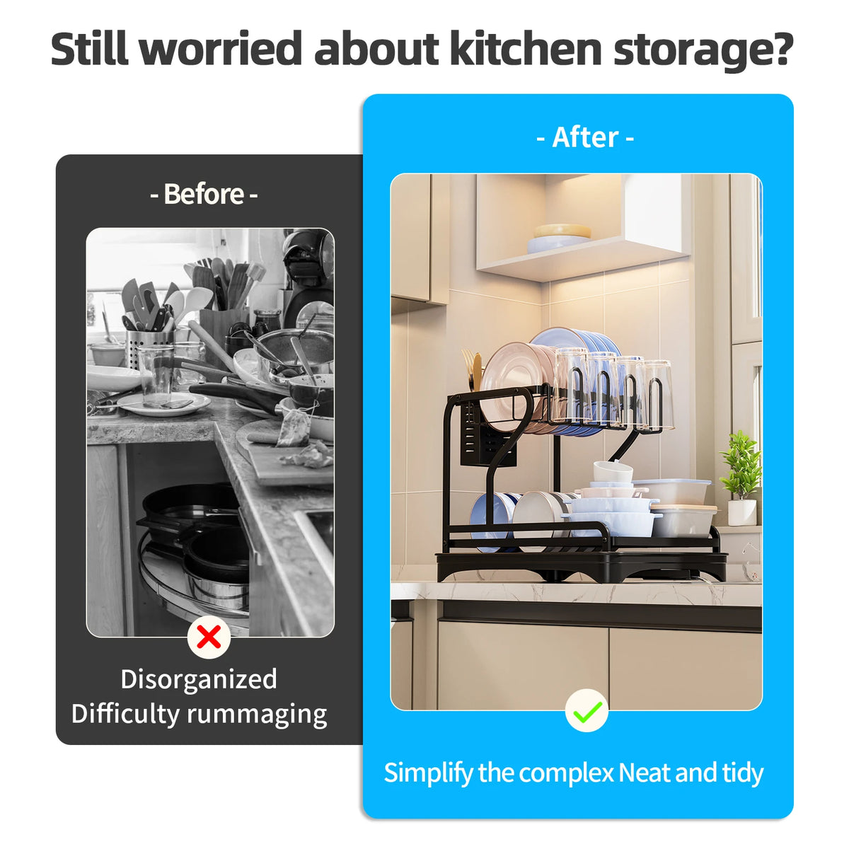 2-Tier Dish Drying Rack Drainboard Cutlery Holder for Kitchen Counter