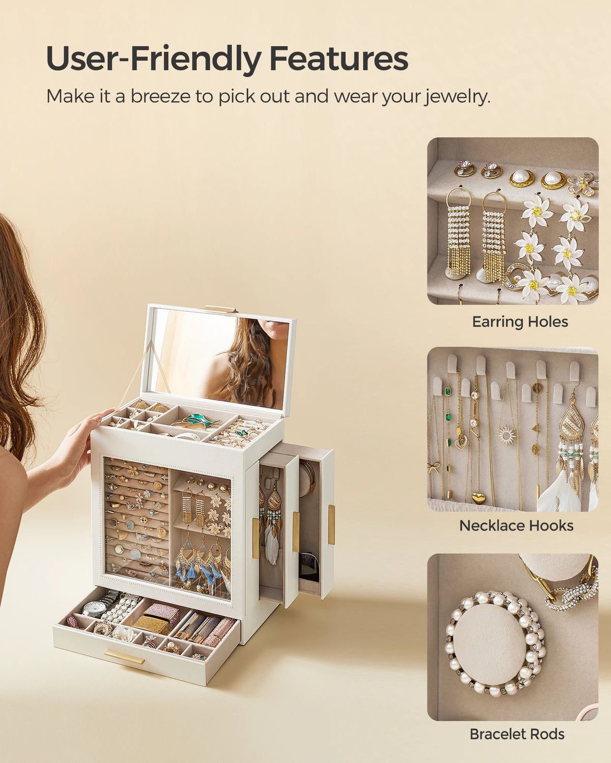 Modern Jewelry Box 5-Layer with 3 Drawers and Mirror (White)