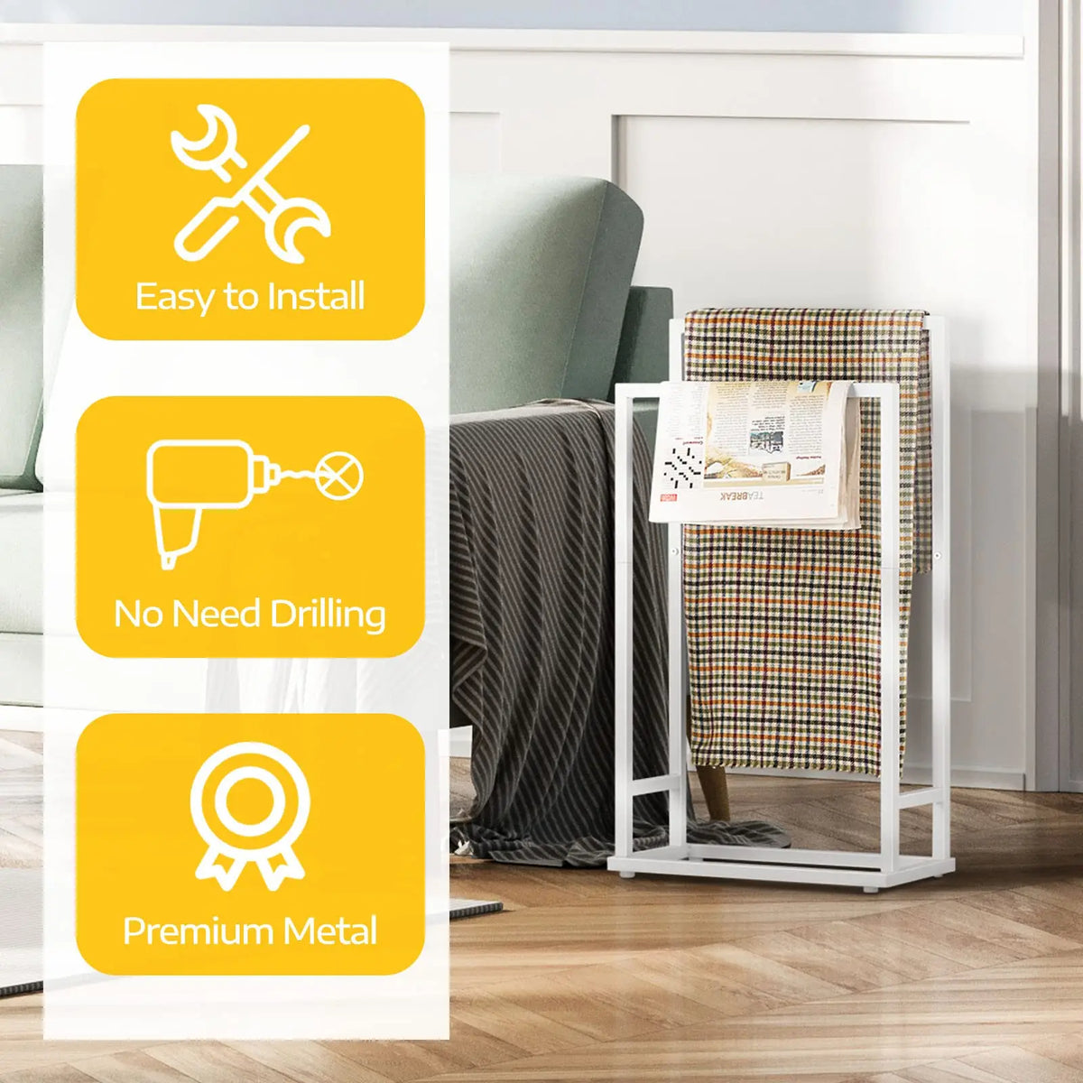 Freestanding Metal Towel Rack 2-Tier for Bathroom Laundry (White)