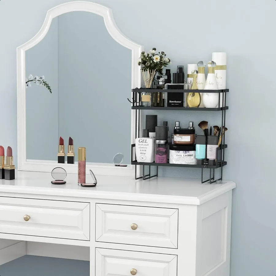 Modern 2-Tier Black Wall Shelf Space-Saving Bathroom and Over-Toilet Storage Organizer