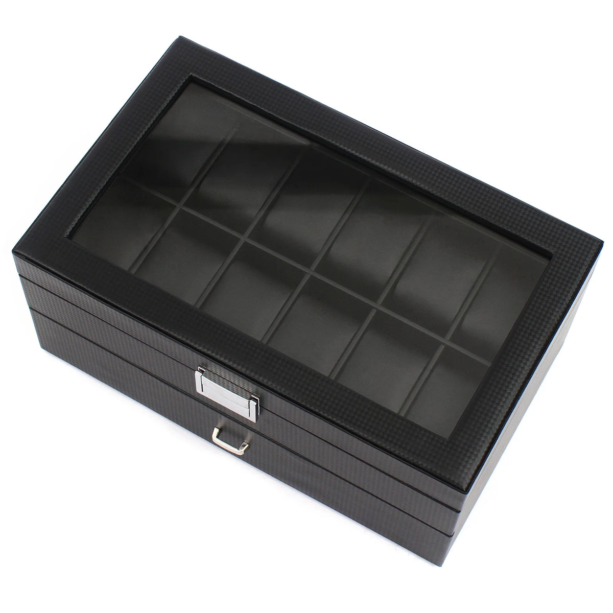 24-Slot Carbon Fiber Watch Box 2-Tier  (Black)