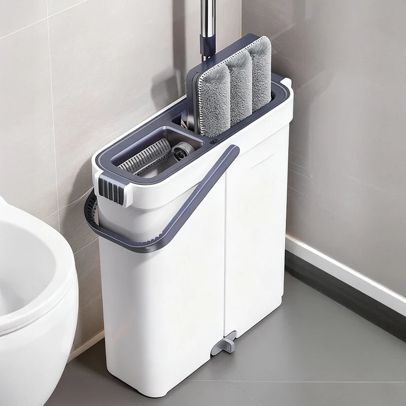 Slim Self-Wringing Flat Mop &amp; Bucket Set – Space-Saving Cleaning System with 2 Washable Microfiber Pads