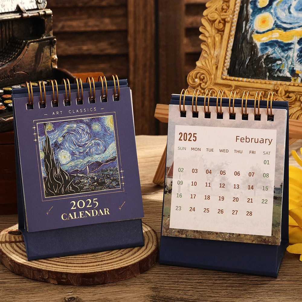 2025 Vintage Mini Bronzing Painting Desk Calendar Tabletop Flip (Starry Night)