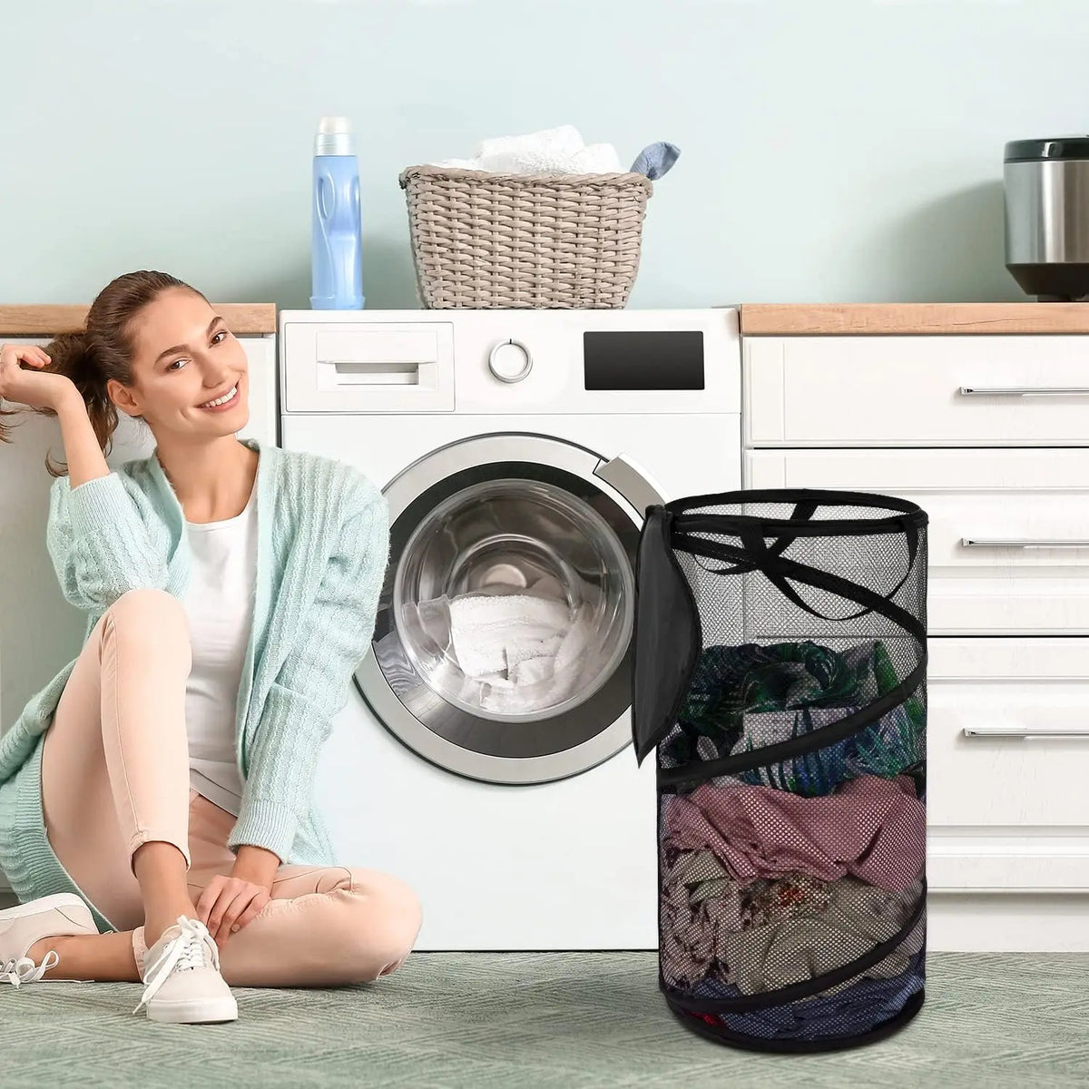 Large Foldable Laundry Basket with Lid Mesh Handles