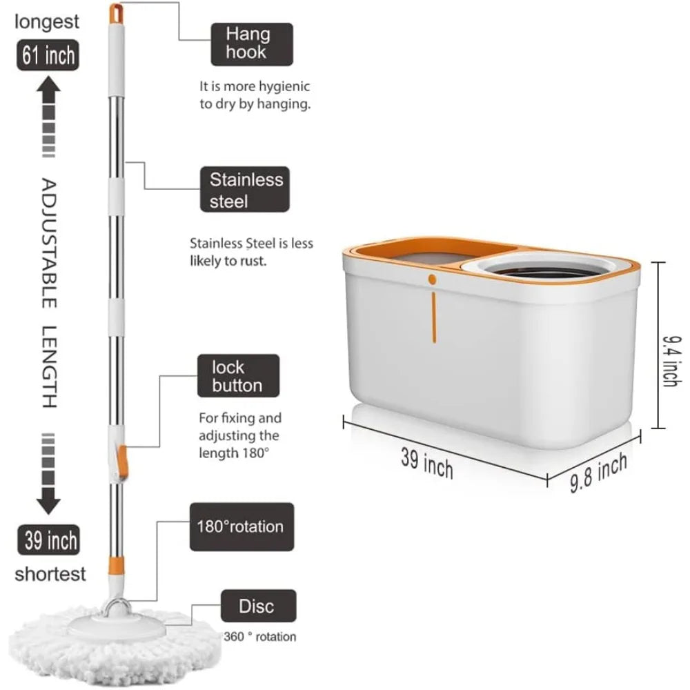 Spin Mop and Bucket Set with Wringer 61" Extra-Long Stainless Steel Handle
