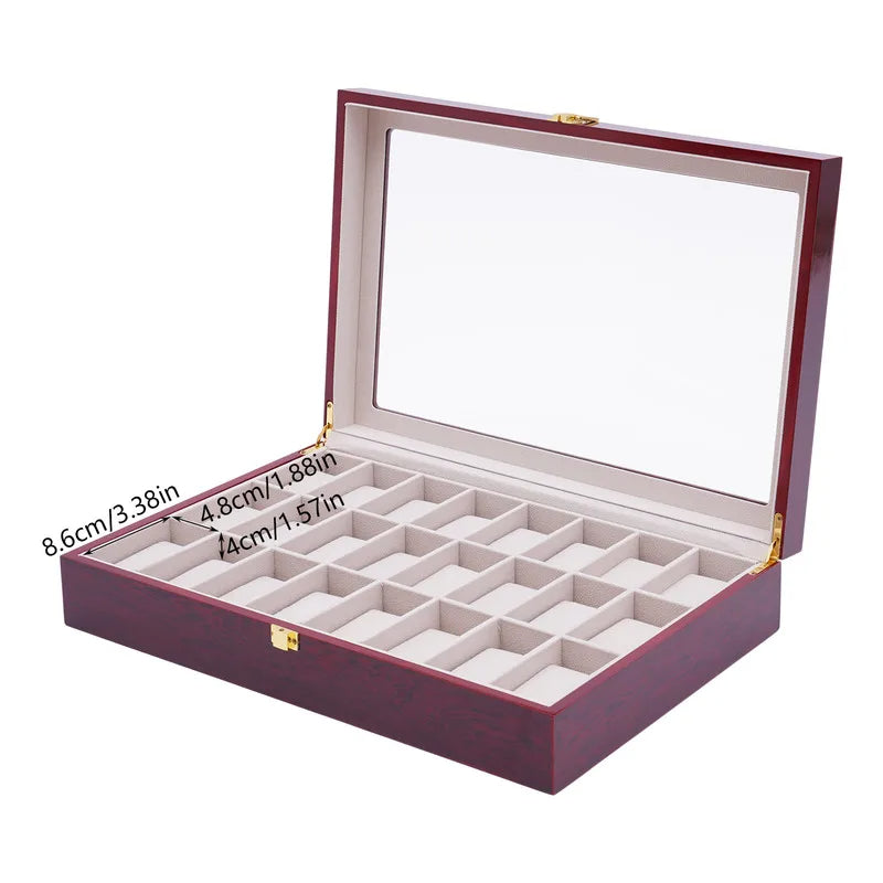 24 Slot Wooden Watch Organizer Display Case with Glass Top Lock