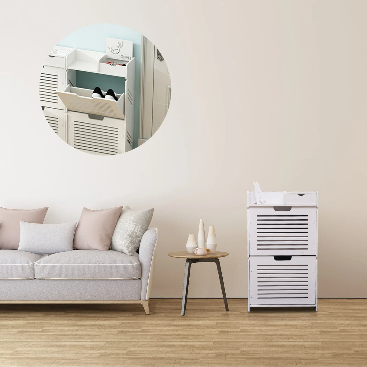 Slim White Shoe Storage Cabinet with Flip Down Rack (White)