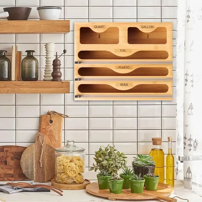 Bamboo Kitchen Storage Box with Film Cutter Bag Dispenser