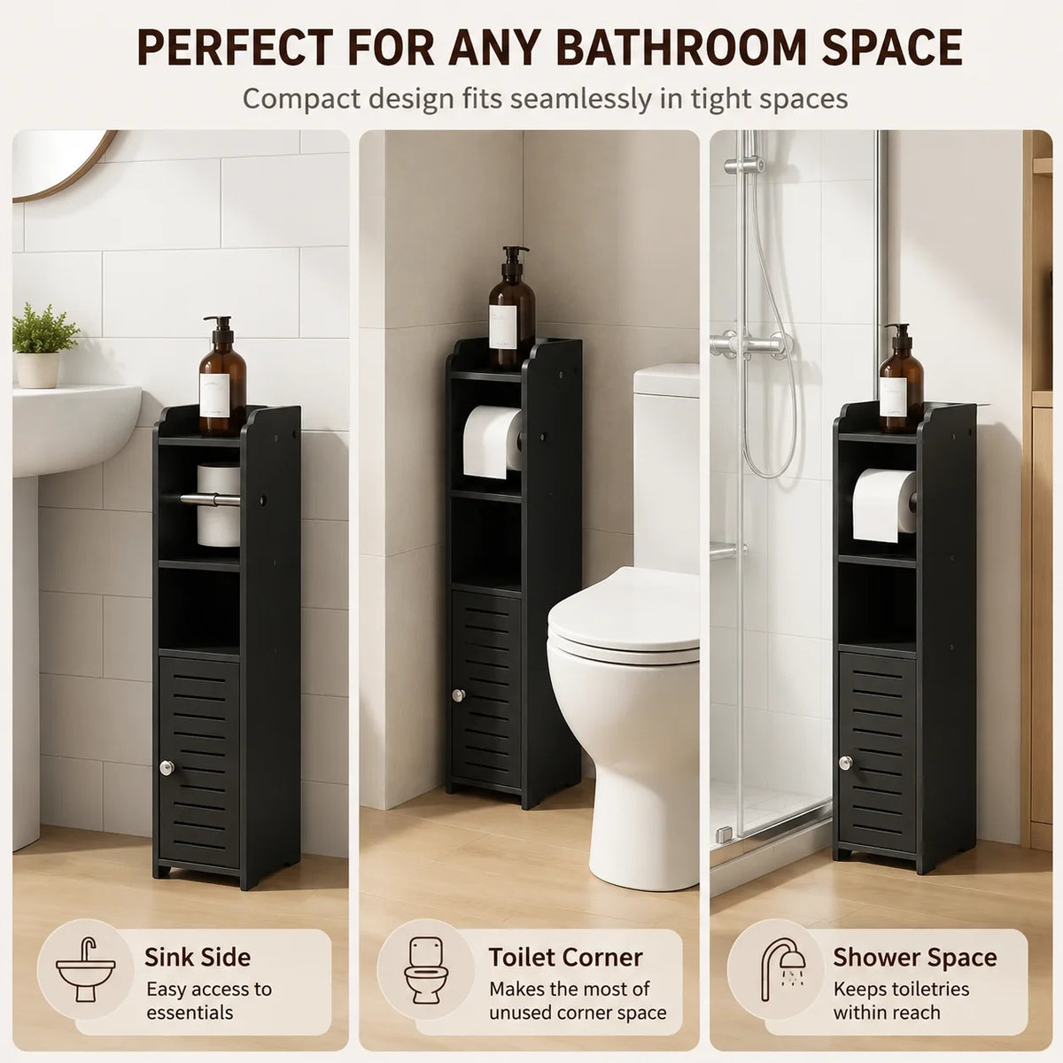 Slim Bathroom Storage Cabinet with Toilet Paper Holder – Narrow PVC Organizer with Shelves and Door for Small Bathrooms