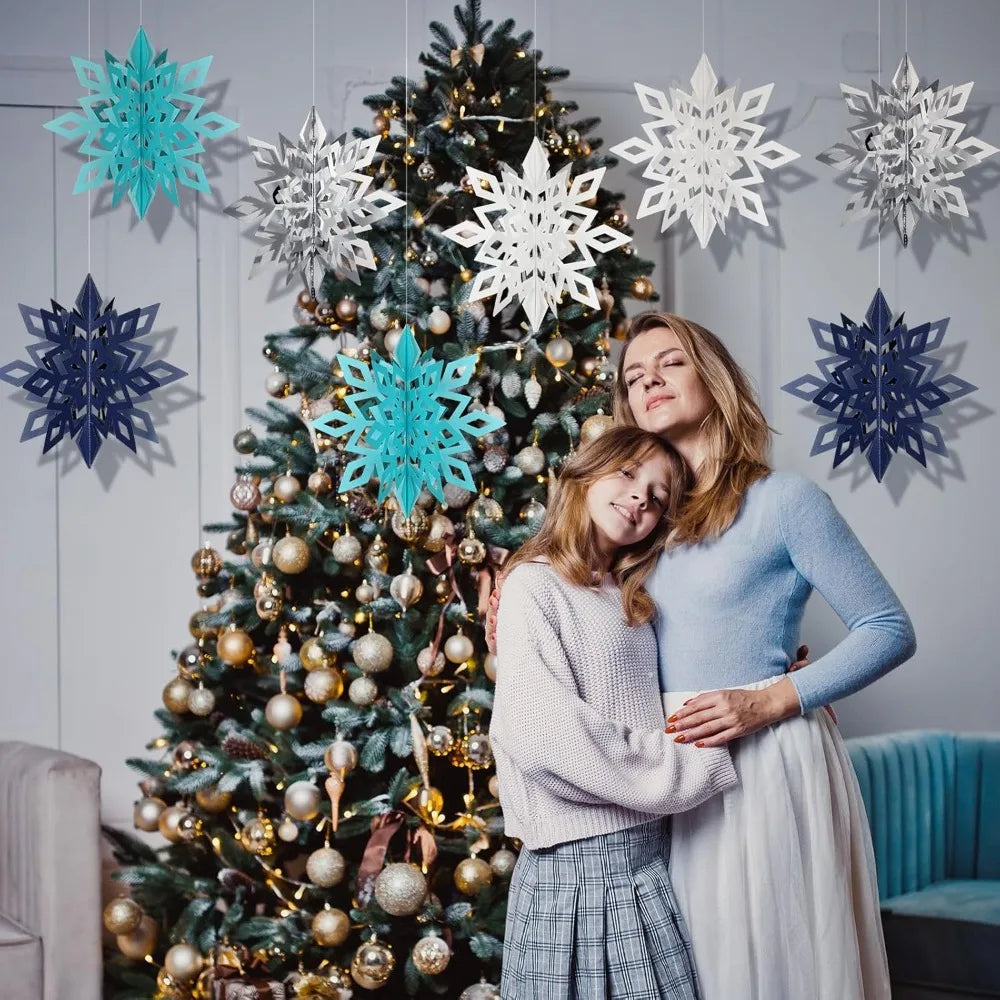 Winter Party Decorations: 8 Count 12&quot; Glittery 3D Paper Snowflake Ornaments – Large Hanging Snowflake Garland