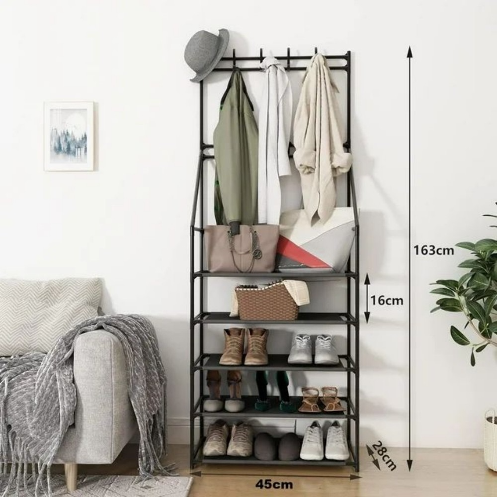 Multipurpose Storage 5-Tier Shoe and Hat Rack with 8 Hooks