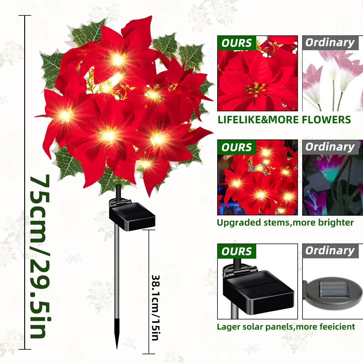 Artificial Solar Garden Flower Stake Lights for Christmas Decor (Red)
