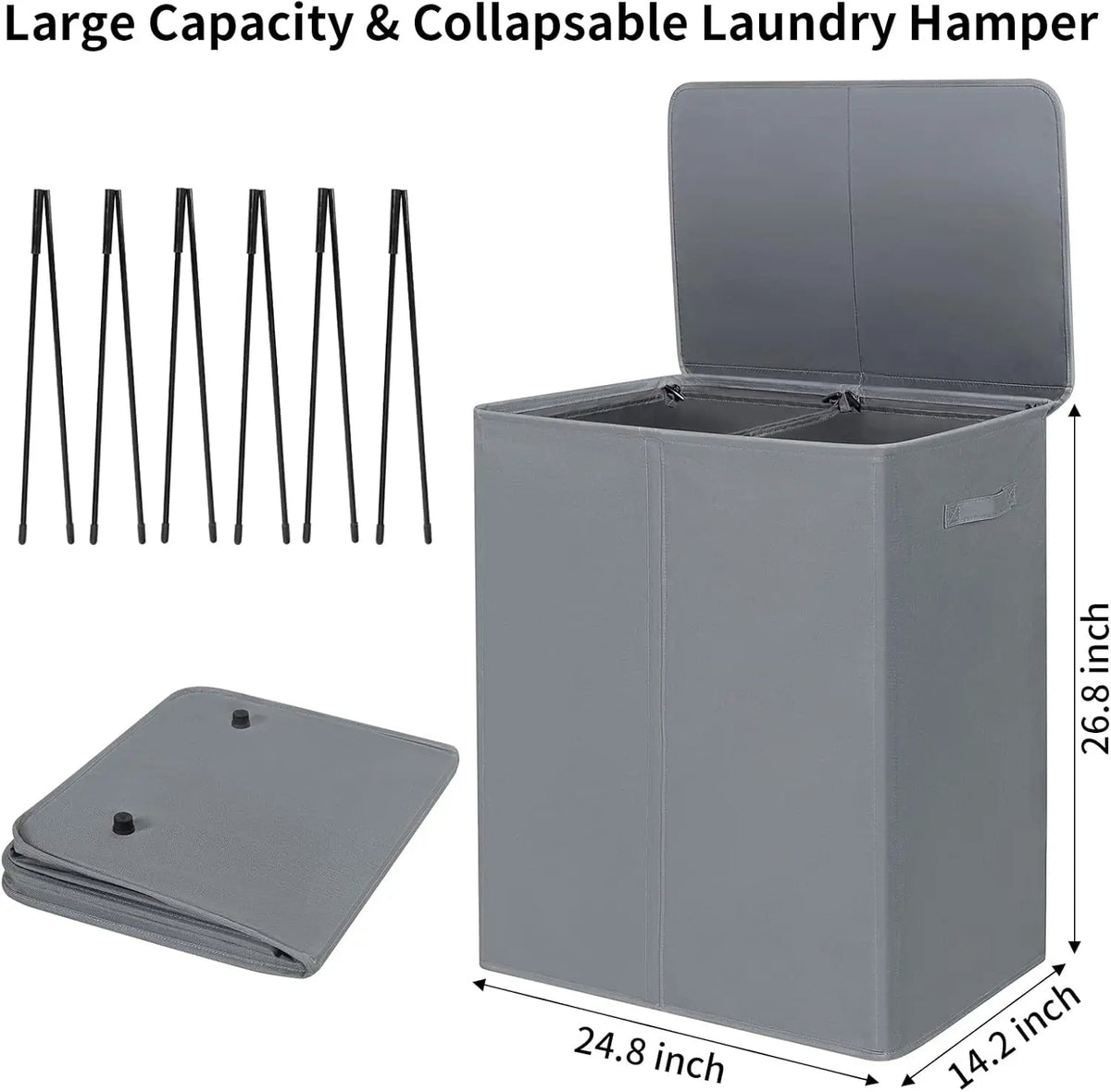 Collapsible Double Laundry Hamper 180L with Lid and Bags (Gray)