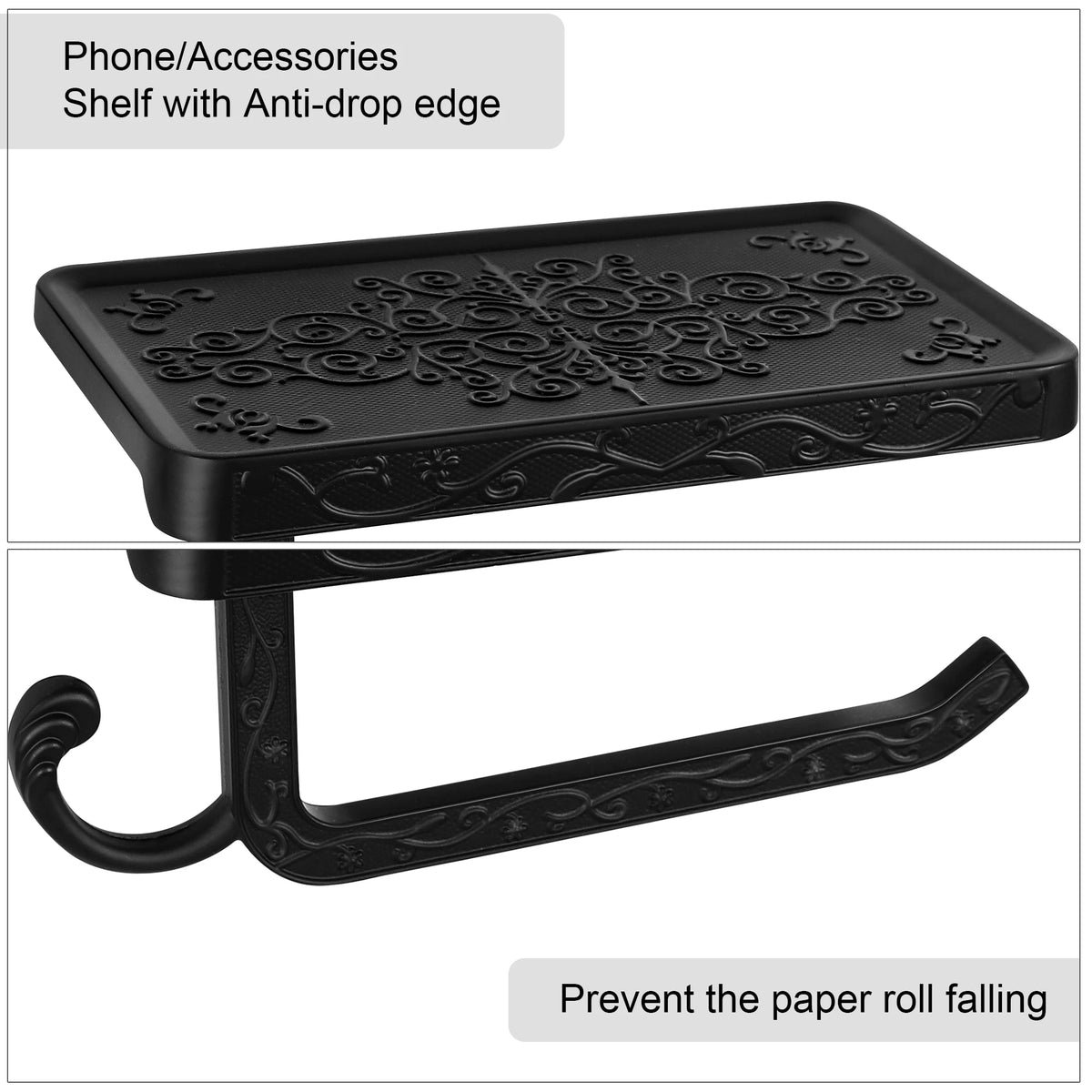 Aluminum Alloy Toilet Paper Holder with Shelf Wall Mount Tissue Roll Storage for Bathroom (Black)