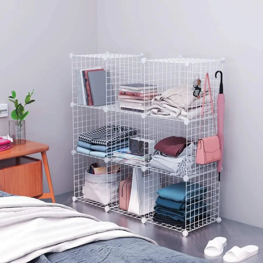 8-Cube Wire Storage Organizer – Modular Metal Grid Shelving Unit (Light Gray)