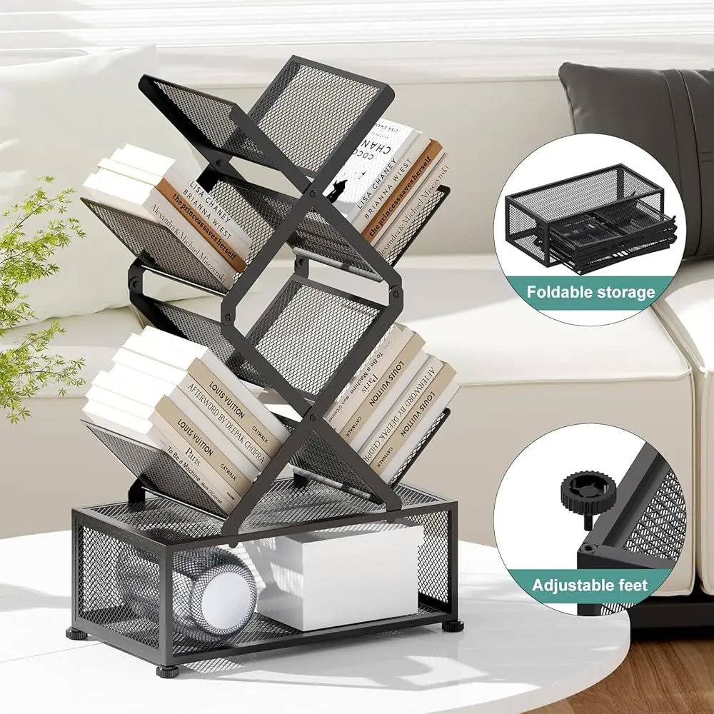 Folding 6-Tier Tree Bookshelf with Storage Cabinet Space-Saving Book Tower
