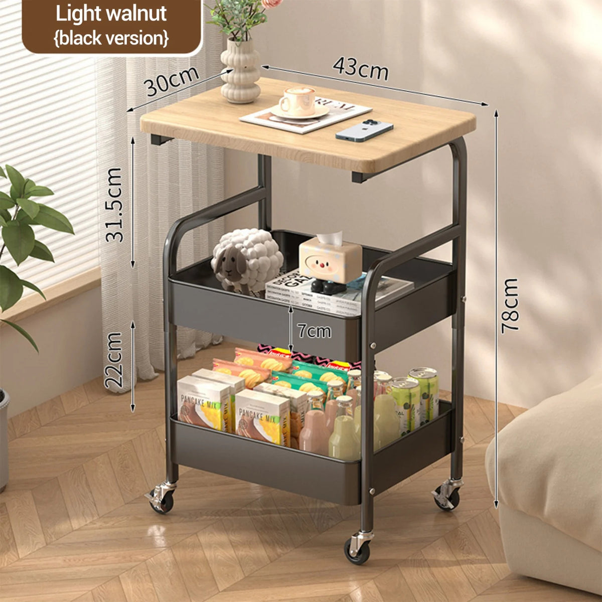3-Tier Rolling Cart Wood Tabletop Utility Organizer (White)