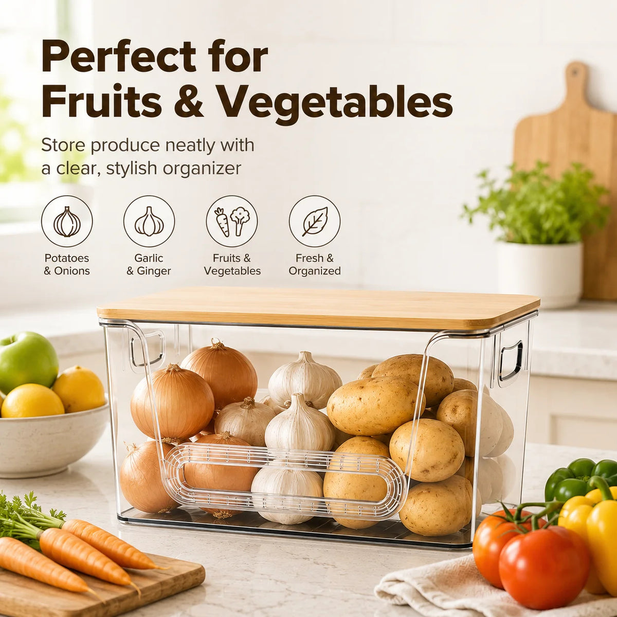 Bamboo Lid Refrigerator Storage Organizer, Transparent Stackable Fridge Storage Bin with Pull Handle, Food &amp; Beverage Organizer for Juice, Dairy, Produce, Pantry &amp; Kitchen Countertop