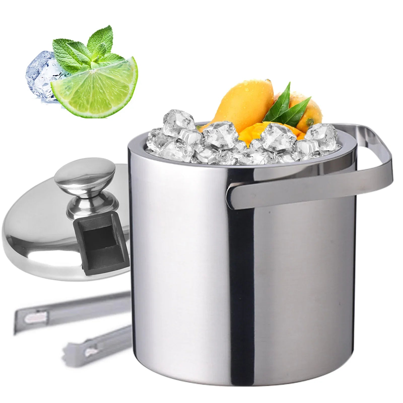 Stainless Steel Ice Bucket Double-Wall Insulated 1.3L with Lid & Scoop