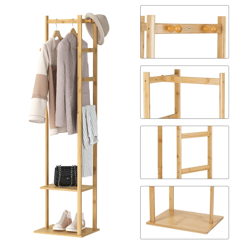 Bamboo Garment Rack with Shoe Shelf Hooks Wooden Coat Stand