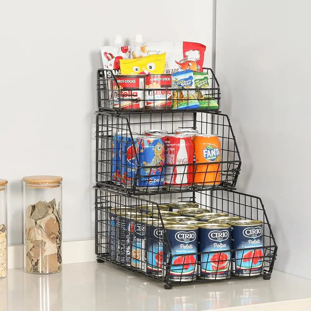 Stackable 3-Tier Produce Basket Wall-Mounted for Pantry Kitchen