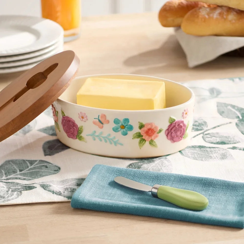 Handcrafted Painted Meadow Butter Dish Set