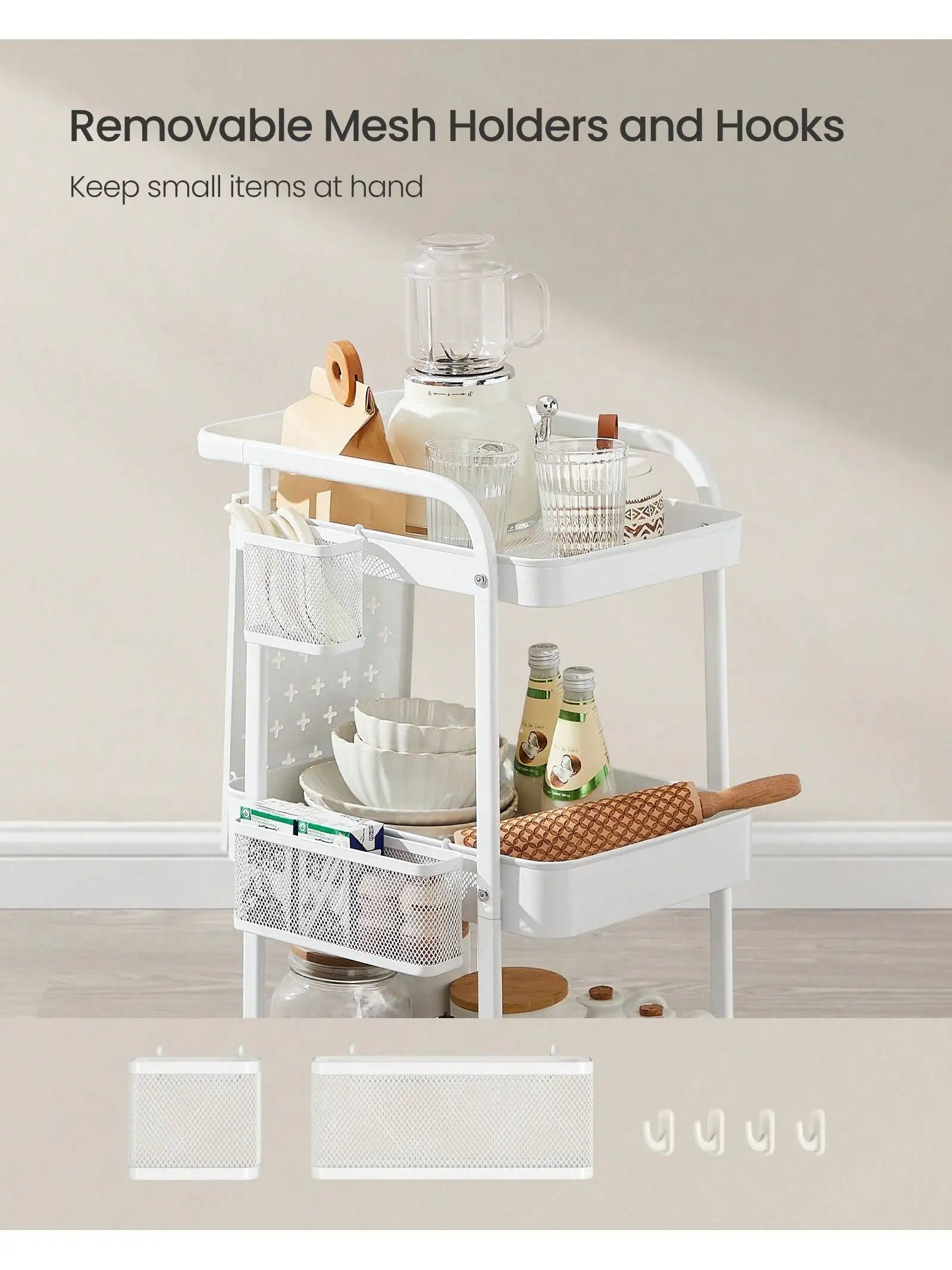 Rolling Utility Cart Metal Mesh 3-Tier Storage Shelves with Pegboards & Hooks (White)