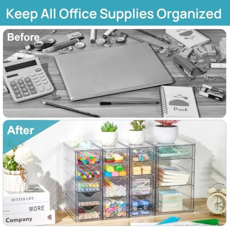 16-Drawer Clear Acrylic Organizer (4-Piece Set) Desk Storage Solution for Office Supplies, Makeup, and Jewelry Organization