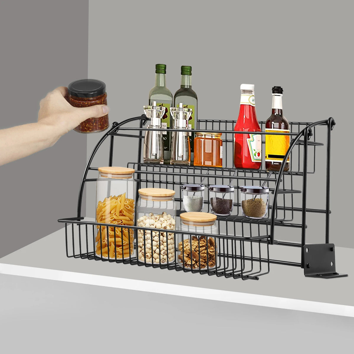 Expandable Pull-Down Kitchen Rack – 3-Tier Metal Cabinet Storage System