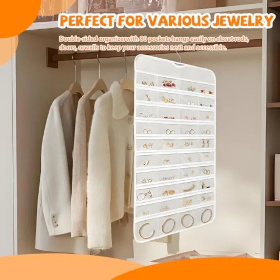 Hanging Jewelry Organizer, Double-Sided White Closet Jewelry Holder with Space-Saving Storage for Earrings, Rings, Bracelets &amp; Necklaces (White)