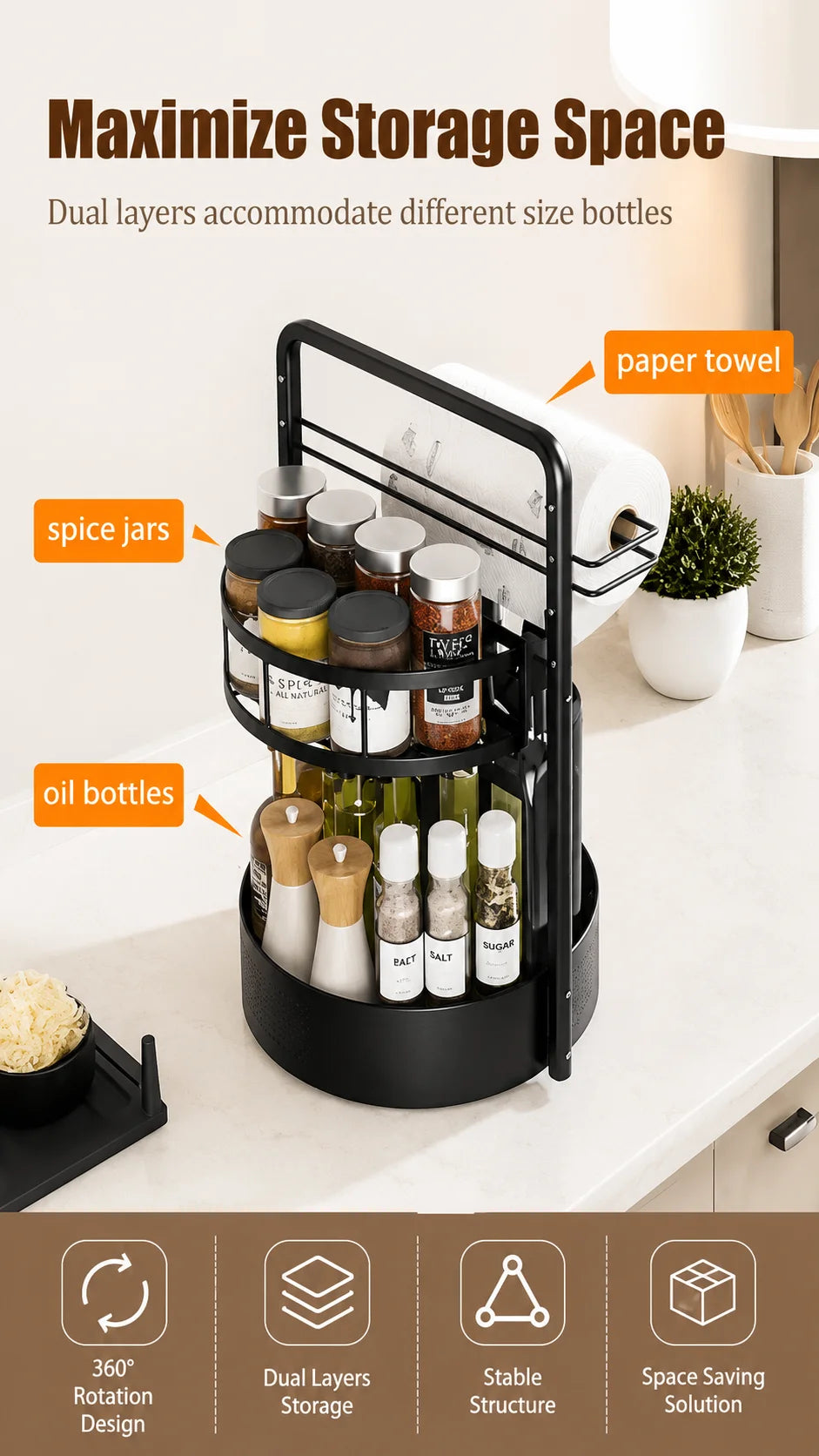 2-Tier Kitchen Countertop Organizer with Paper Towel Holder – Heavy-Duty Spice Rack for Sauce, Oil Bottles &amp; Kitchen Storage