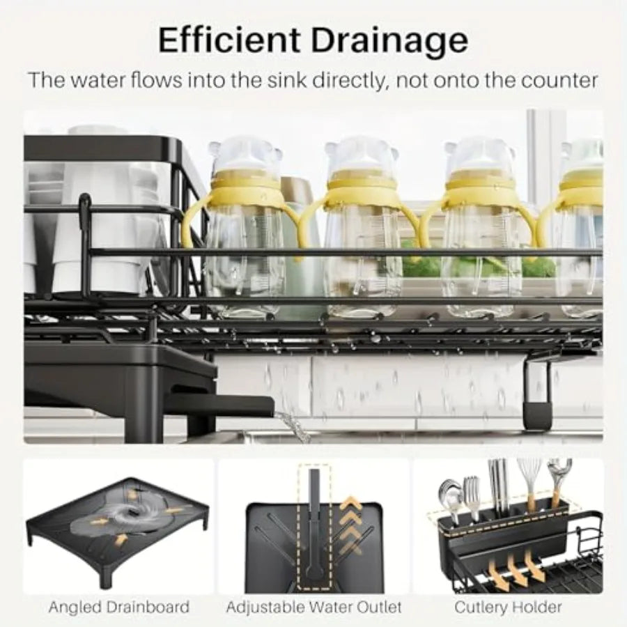 Space-Saving 2-in-1 Dish Drying Rack (Black Metal)