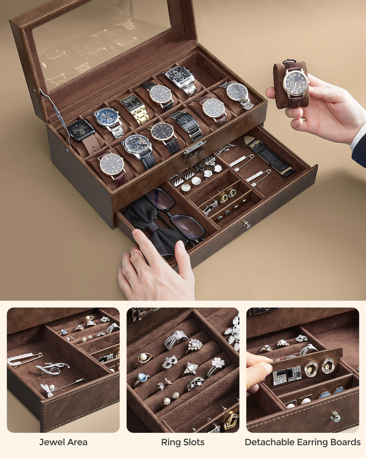 Lockable 12-Watch Display Case Dual-Layer Box Storage (Brown)
