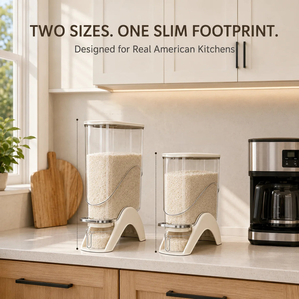 Slim Rice Storage Container 12LBS Vertical One-Touch Automatic Food Dispenser with Measuring Cup, Airtight Dry Food Storage Bin for Rice, Beans &amp; Grains, Space-Saving Kitchen Organizer