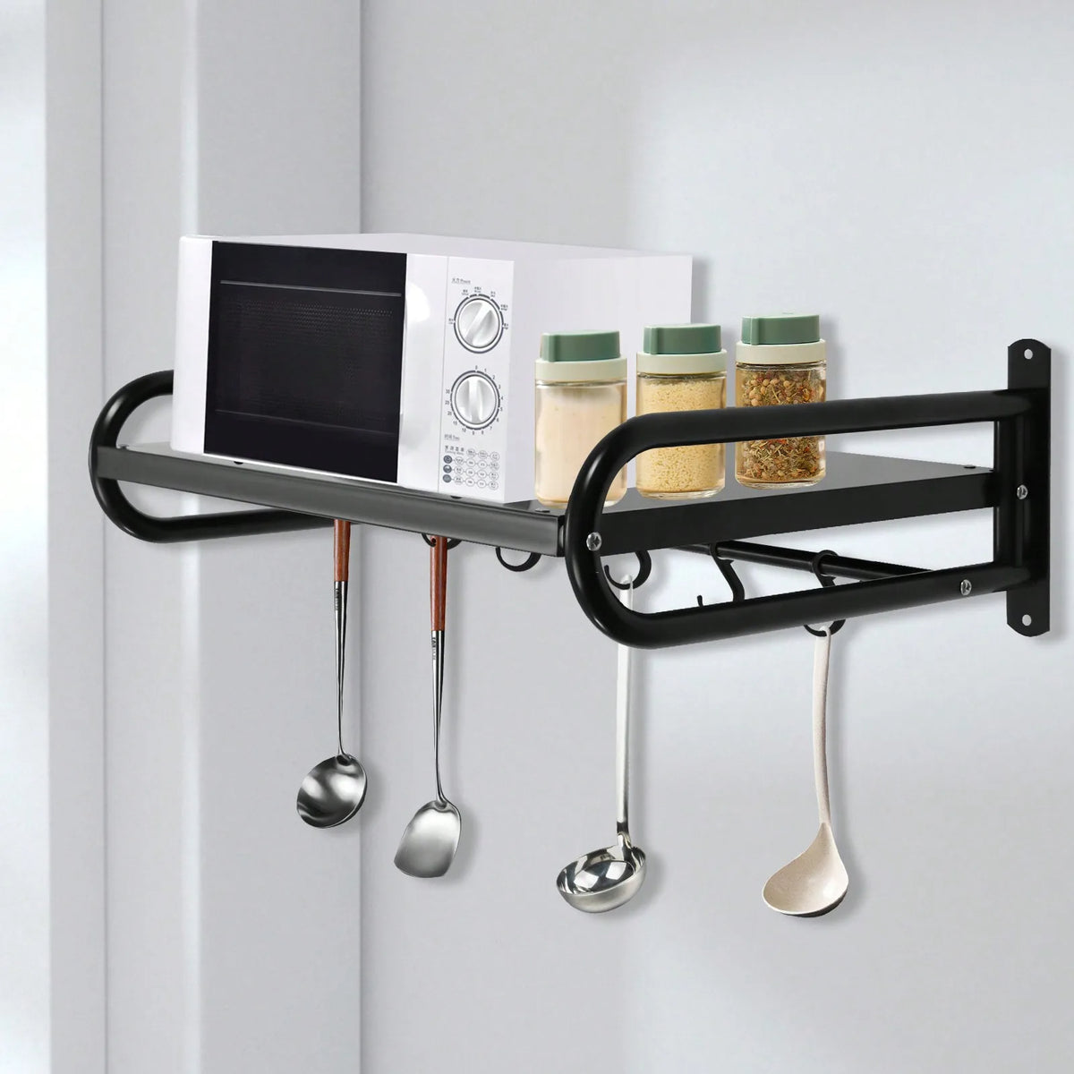 Wall Mount Microwave Oven Shelf Kitchen Storage Rack with 6 Hooks (Black)