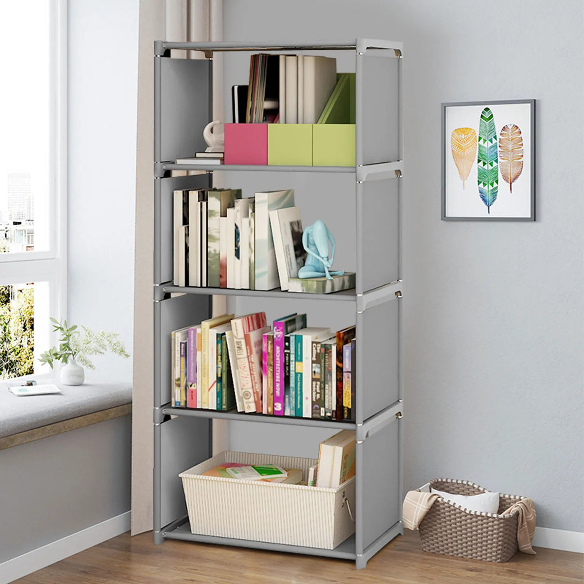 Multilayer 4-Tier Bookcase Free-Standing Storage Shelf for Living Room and Bedroom Organization