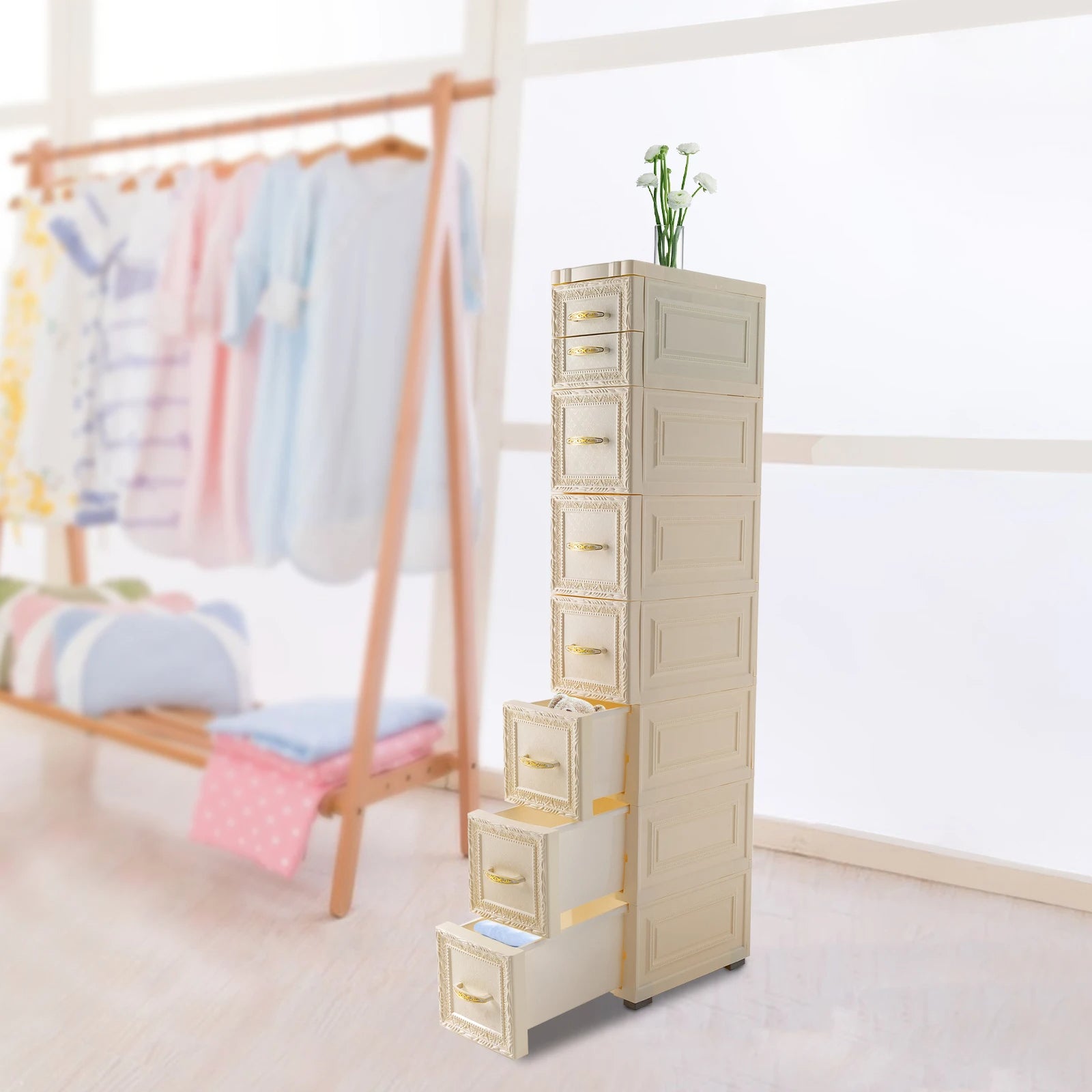 Plastic Storage Box with 7 Layers Retro-Style Storage Cabinet (Milky White)