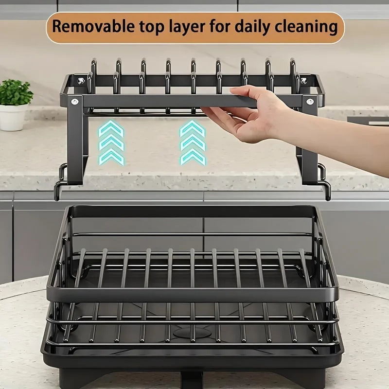 Extendable 2-Tier Dish Rack Organizer Large-Capacity Utensil Drainer (Black)