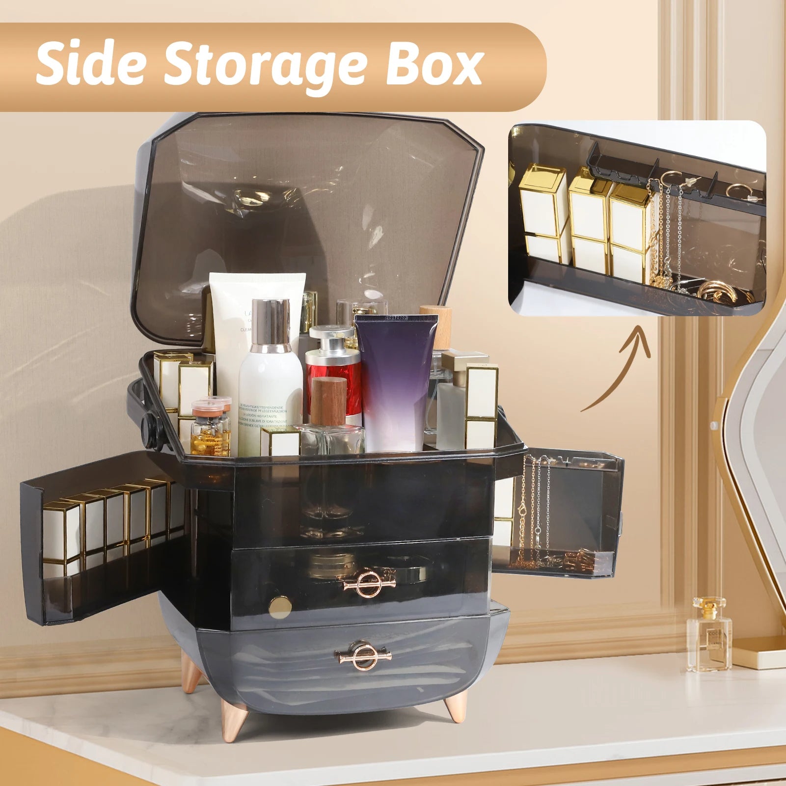 Portable Makeup Storage Organizer for Vanity (Black)