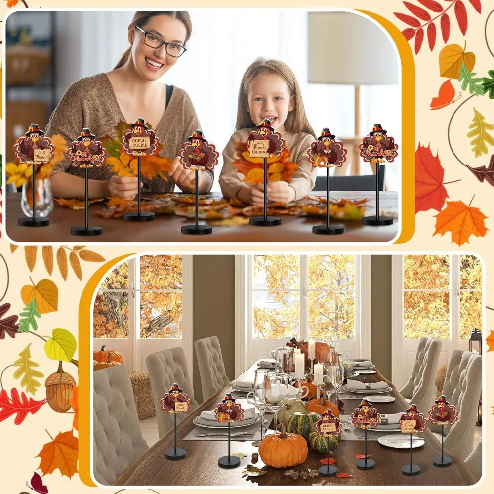 Set of 6 Rustic Turkey Thanksgiving Table Signs Tall Standing Wooden Farmhouse Centerpiece Decor