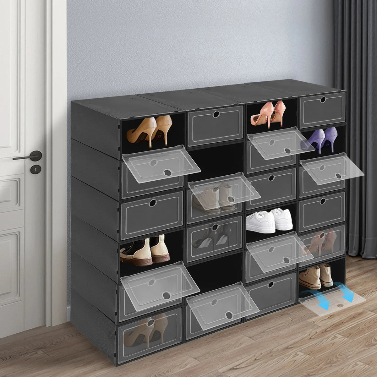 24-Pack Stackable Shoe Storage Box with Clear Front Door (Black)