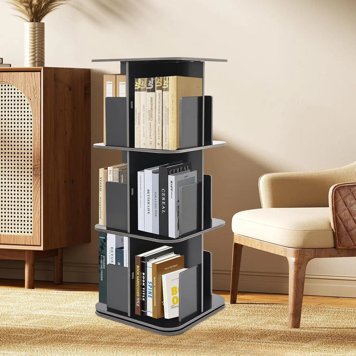 Corner Rotating Bookcase 3-Tier 360° Rotating Bookshelf Storage Rack