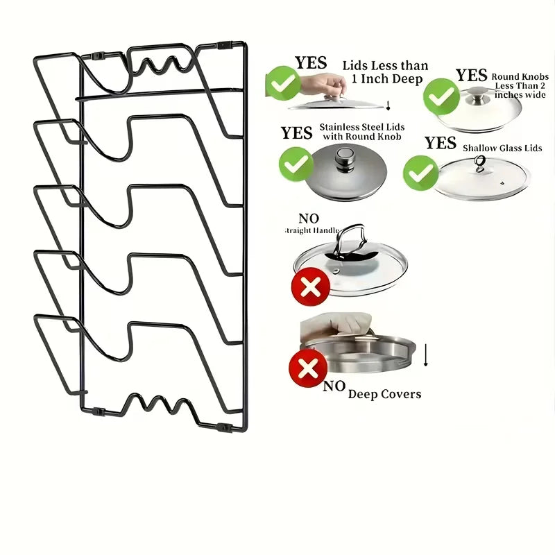 5-Tier Pot Lid Organizer Rack – Wall-Mounted Metal Kitchen Storage Holder for Pot Covers &amp; Cookware